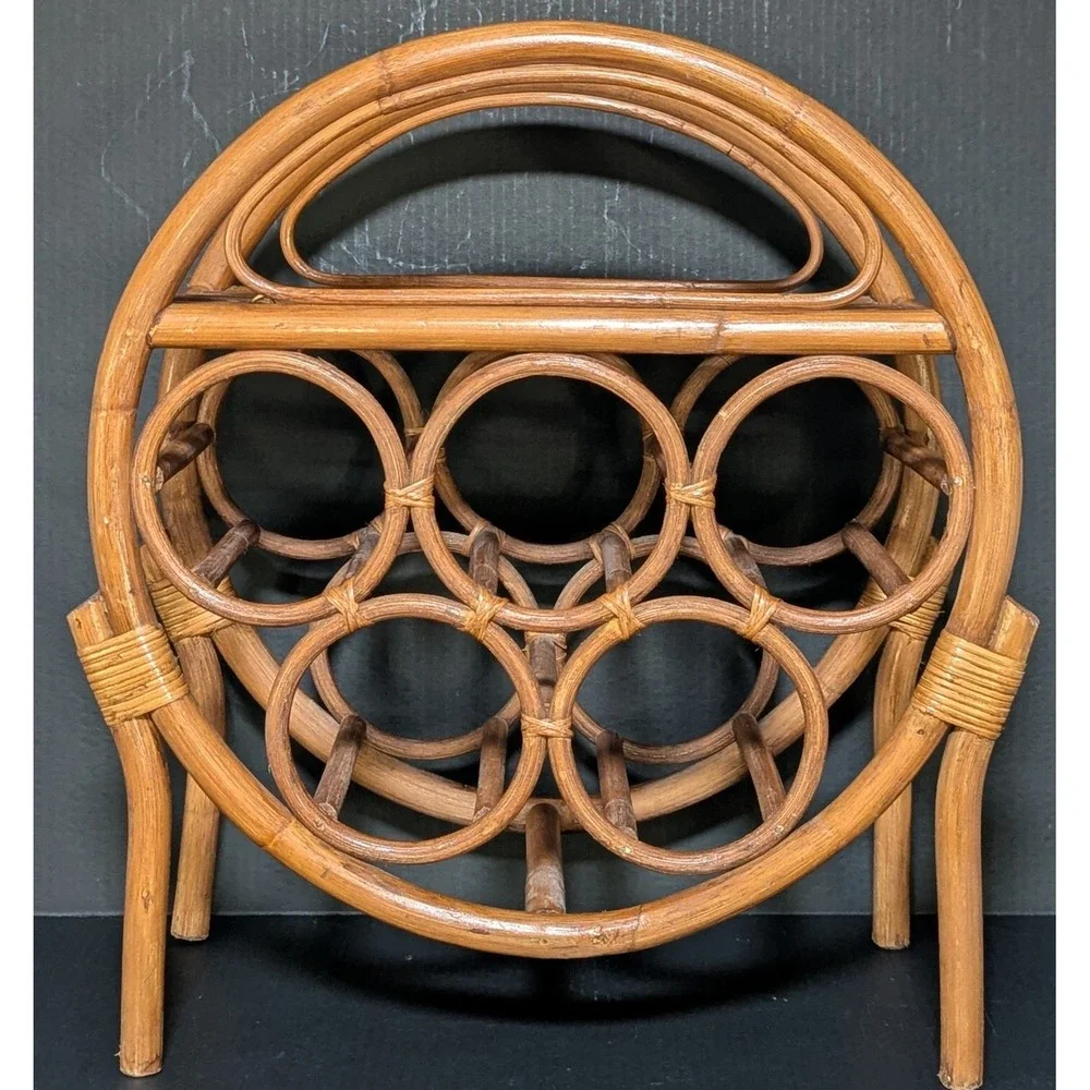 Vintage Bent-Rattan/Bamboo Six Bottle Tabletop Wine Rack With Shelf for Glasses